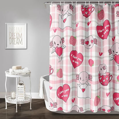 AILONEN Axolotl Shower Curtain Pink Love Hearts Print Bath Curtain Girls Women Adults Strawberry Grid Shower Curtain 36" W*72" H Bathroom Curtain Decor Polyester Waterproof Curtain with 12 Hooks