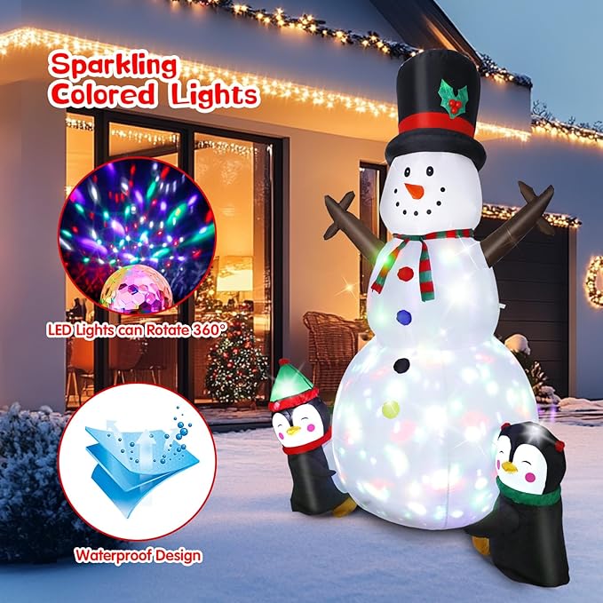 Dawdix 8FT Christmas Decs Inflatable Snowman, Christmas Blow Up Yard Decs Snowman with Penguins, Built-in Colorful Rotating LED Lights, for Holiday Xmas Party Garden, for Him, Her