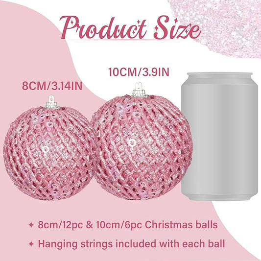 6pcs 3.94" Christmas Ball Ornaments Glitter Shatterproof Christmas Tree Ornaments Sequin Xmas Hanging Balls Decorations for Wedding Party Holiday(Pink)