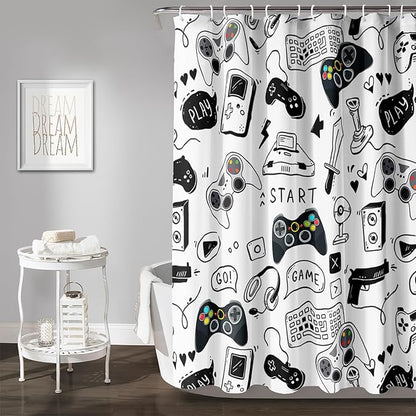 AILONEN Gamer Shower Curtain for Boys 48" W*72" H Black Gaming Video Game Bathroom Curtain,Teen Boys Bath Curtain Polyester Waterproof Retro Game Controller Bathroom Curtain with 12 Hooks