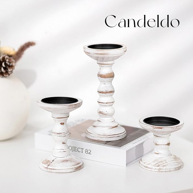 Wood Candle Holders for Pillar: Rustic Candles Holder Set of 3 Tall Table Centerpiece Decor Wooden White Farmhouse Decorations for Fireplace Mantle