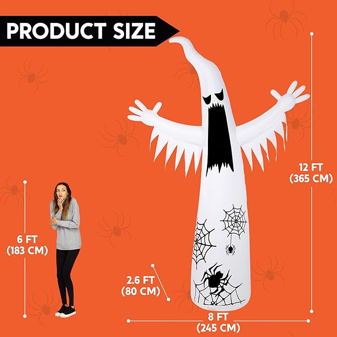 Joiedomi 12 FT Halloween Inflatables Giant Ghost Outdoor Decorations, Halloween Blow Up Ghost Yard Decorations with 3-Colored Flashing Flame Light for Lawn Party Scary Decor
