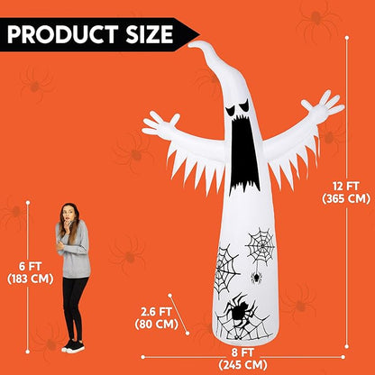 Joiedomi 12 FT Halloween Inflatables Giant Ghost Outdoor Decorations, Halloween Blow Up Ghost Yard Decorations with 3-Colored Flashing Flame Light for Lawn Party Scary Decor