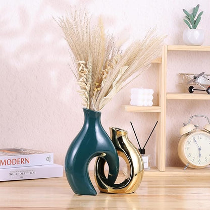 Ceramic Decorative Vases 2 Piece Set, Bohemian Style Openwork Green and Gold Decorative Vases, Home Decor Aesthetics for Kitchen Cabinets, Office, Bedroom, Dresser, Entryway Table Decor.