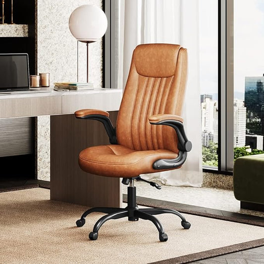 DEVAISE Executive Chair Computer Office Chair, High Back Ergonomic Desk Chair with Adjustable Flip-up Armrests, Lumbar Support and Thick Headrest, Brown