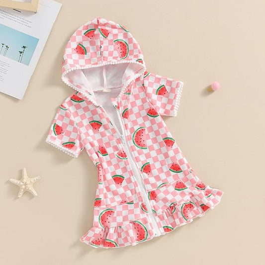 Toddler Beach Towel with Hood Kids Waffle Swim Cover Up Bath Towel Surf Poncho Boys Girls Hooded Beach Towel (Pink Watermelon, 1-2 Years)