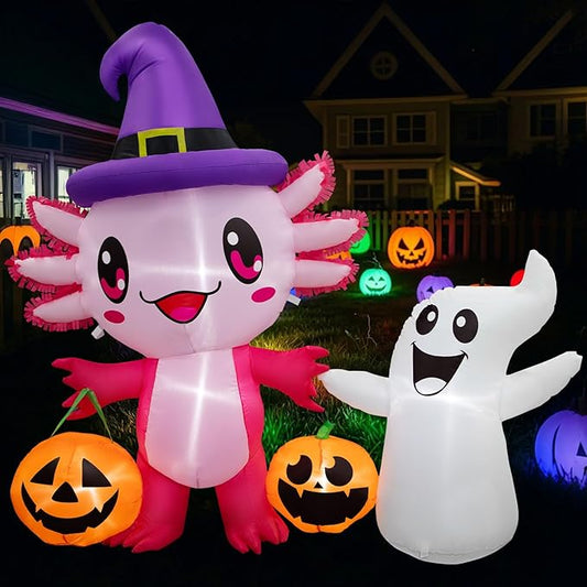 Halloween Inflatable Outdoor Decorations 5.7FT Axolotl Ghost Hold Pumpkin Inflatables Blow Up Yard Decorations with LED Lights Halloween Outside Lawn Party Decor (Axolotl Hold Ghost Inflatables)