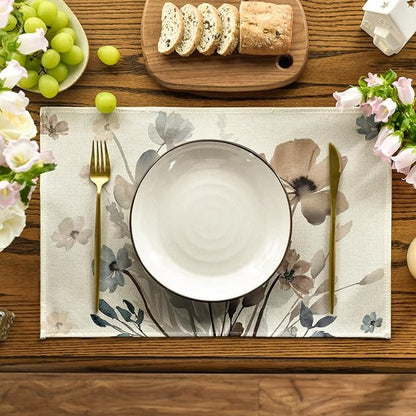Artoid Mode Brown Poppy Floral Leaves Fall Placemats Set of 4, 12x18 Inch Seasonal Spring Table Mats for Party Kitchen Dining Decoration