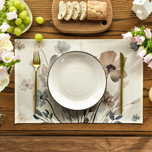 Artoid Mode Brown Poppy Floral Leaves Fall Placemats Set of 4, 12x18 Inch Seasonal Spring Table Mats for Party Kitchen Dining Decoration
