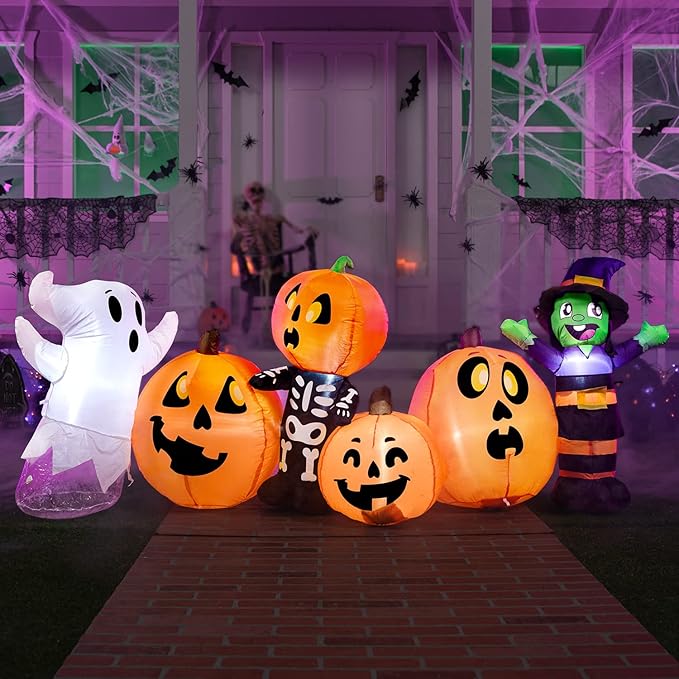 Joiedomi 8 ft Long Halloween Inflatable Three Characters and Pumpkin Patch Outdoor Decoration, Blow Up Inflatables Witch Ghost Skeleton Yard Decorations with LEDs for Party Yard Lawn Garden Decor