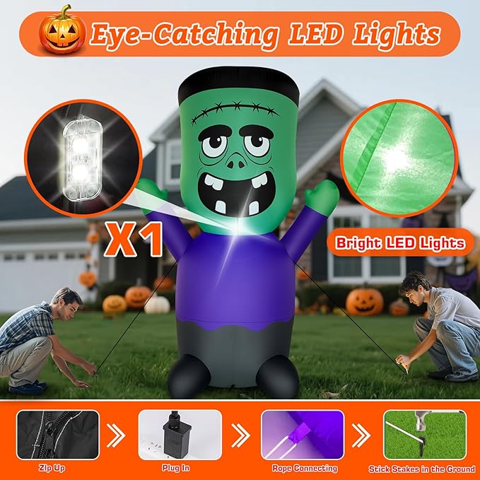 Halloween Inflatables Blow-Up Decorations Outdoor - 4 FT Green Monster Halloween Blow up Yard Decorations Cute Ghost with LED Build-in for Garden Lawn Indoor Party Decor