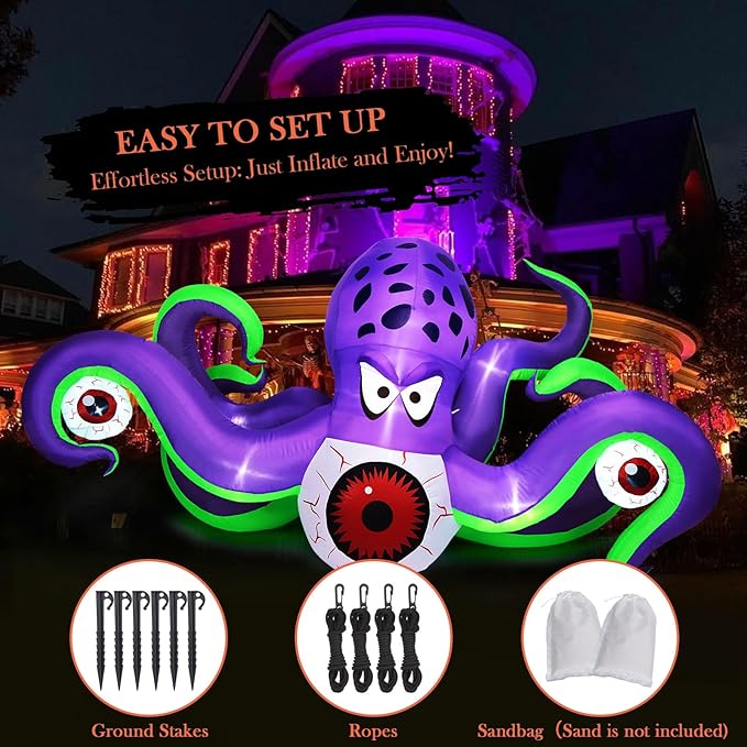 Camuland 6.5Ft Long Halloween Inflatables Giant Octopus Purple LED Light Blow up Halloween Decor Inflatable Outdoor Halloween Decorations for Holiday Party Yard Lawn