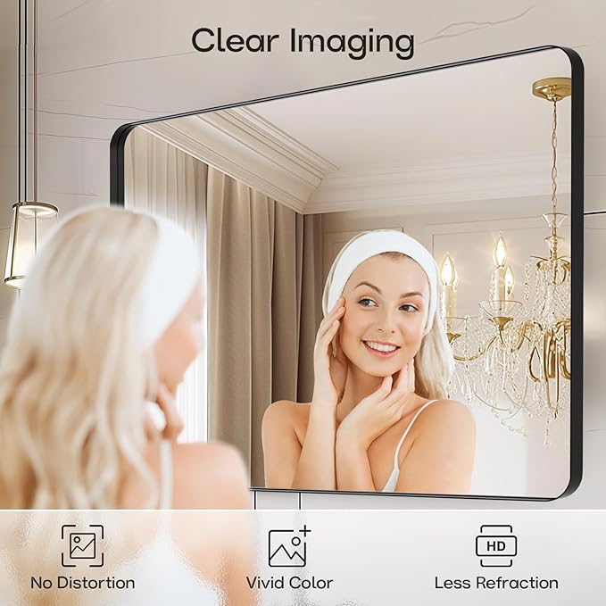 USHOWER Black Large Bathroom Mirror, 40 × 30 Inch Rectangle Mirror for Bedroom, Bathroom, Dining Room, Entryway, Wall Mounted & Metal Frame, Tempered Glass, Hangs Horizontally or Vertically