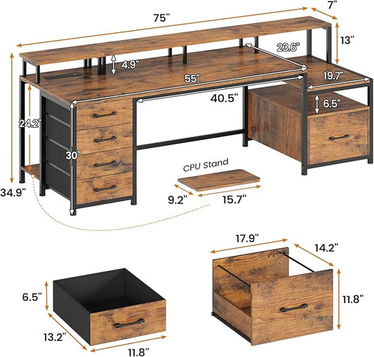 SEDETA Home Office Desk with File Drawer & Power Outlet, 75'' Large Computer Desk with 5 Drawer, Storage Shelves, Monitor Shelf and Led Lights, 23.6" W Desktop Gaming Desk, Rustic Brown