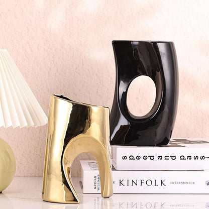 Black Gold Ceramic Vases Set of 2,Modern Vase for Nordic Minimalist Book Style Shelf Decor, Hollow Round Pampas Flower Vases for Boho Home Wedding Party Room Dinner Table Shelf Decor
