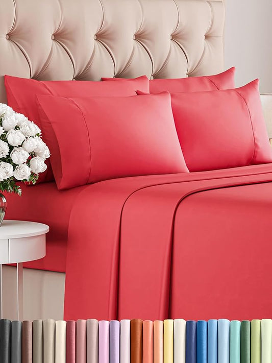 CGK Linens Queen 6 Piece Sheet Set - Cooling Sheets for Hot Sleepers - Hotel Luxury Bedding Set with 8-16 Inch Deep Pockets - 1 Flat & 1 Fitted & 4 Pillowcases - Soft, Easy Care & Wrinkle Free - Red