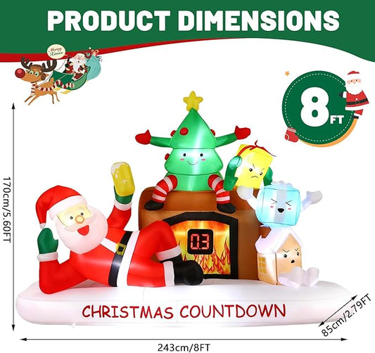 Alupssuc 8 FT Christmas Inflatable Outdoor Decorations with LED Christmas Countdown Clock, Santa,Tree,Fireplace and Gift Boxes, Lighted Blow Up Lawn Yard Clearance for Indoor Xmas Holiday Party Decor