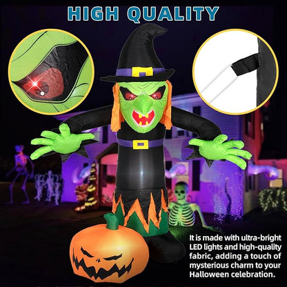 ININ 8FT Halloween Inflatable Witch Decorations Outdoor Built-in LED Lights,Halloween Blow Up Yard Decorations,Scary Party Decorations,Haunted House Decor,for Yard/Lawn/Garden.