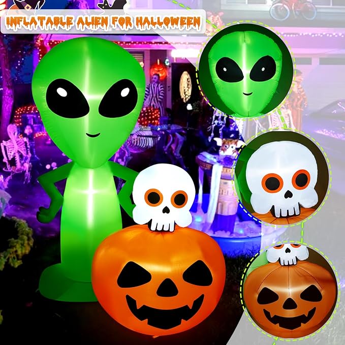 CAMULAND 6.8FT Halloween Inflatable Alien with Pumpkin Decorations Halloween Inflatable Blow Up Decor with Built-in LED Lights Outdoor Inflatable Decoration for Garden, Lawn, Yard