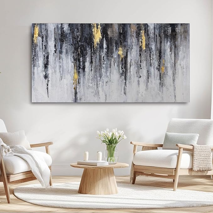 GAIDUOMAI Black and White Abstract Wall Decor Gold Foil Textured Wall Art Graffiti Art Work Wall Pictures for Living Room Home Office 29"x58" Large Size