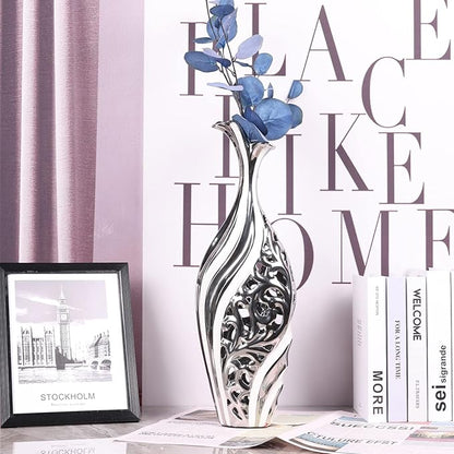 19 inch Floor Standing Large vase, Silver White Ceramic vase, Hollowed Out Large vase, Unique Pampas Grass vase Suitable for Living Room Floor, Home Office, Porch Home Center Decorative Large vase