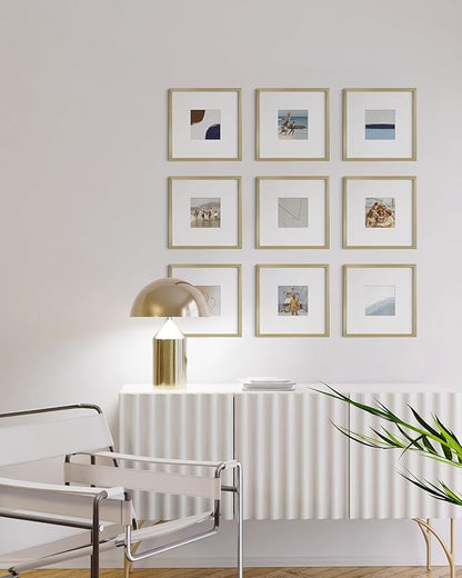 HAUS AND HUES 10x10 Gold Metal Picture Frames Matted to 5x5 - Features Premium Aluminum & Hanging Hardware, Shatterproof Plexiglass - Ideal for Home, Room, Office (10x10 in, Gold, Set of 9)