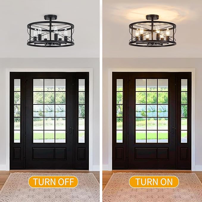 6-Light Black Semi Flush Mount Ceiling Light, 16.93'' Modern Farmhouse Close to Ceiling Light Fixtures, Ceiling Lamp for Hallway Entryway Kitchen Dining Room Living Room Bedroom Lights, UL Listed