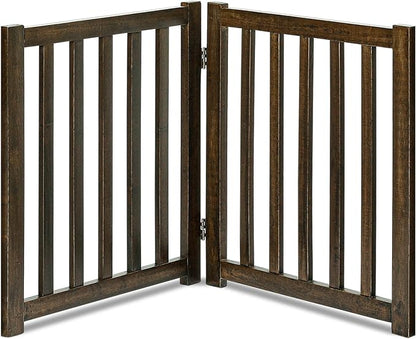 LZRS 2-Panel Wooden Free Standing Foldable Dog Gate – Solid Hardwood 24" High, Step-Over Safety Pet Gate for Doorways, Stairs & Small Spaces - Indoor Use, Walnut