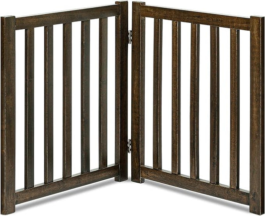 LZRS 2-Panel Wooden Free Standing Foldable Dog Gate – Solid Hardwood 24" High, Step-Over Safety Pet Gate for Doorways, Stairs & Small Spaces - Indoor Use, Walnut