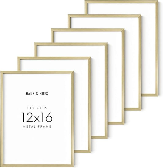 HAUS AND HUES Set of 6 Gold Frames 12x16 - Gold Gallery Wall Frame Set Picture Frames 12x16, Gold Photo Frames 12x16 Gold Picture Frame Set, 12x16 Frames Picture Frames Gold (Gold Aluminum Frames)