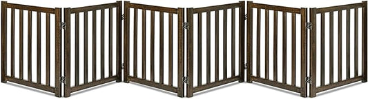 LZRS 6-Panel Extra-Wide Freestanding Wooden Dog Gate – 24”High Foldable Safety Pet Barrier for Doorways, Hallways, Kitchens, and Long Staircases, Durable Design fit Small to Medium Dogs, Walnutl