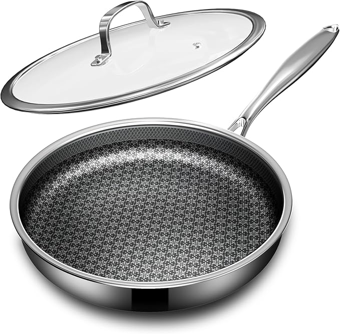 Non Stick Frying Pans with lid, 10 inch Hybrid Frying Pans Nonstick, non stick Stainless Steel Skillets, Dishwasher and Oven-Safe, nonStick Cookware, Induction Compatible Cooking Pan