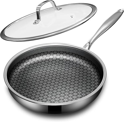 Non Stick Frying Pans with lid, 10 inch Hybrid Frying Pans Nonstick, non stick Stainless Steel Skillets, Dishwasher and Oven-Safe, nonStick Cookware, Induction Compatible Cooking Pan
