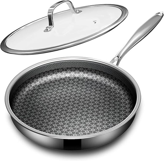 Non Stick Frying Pans with lid, 10 inch Hybrid Frying Pans Nonstick, non stick Stainless Steel Skillets, Dishwasher and Oven-Safe, nonStick Cookware, Induction Compatible Cooking Pan