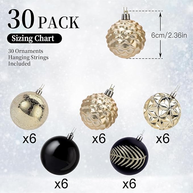 SHareconn 30ct 2.36 Inch Christmas Tree Balls Ornaments, Colored Shatterproof Plastic Decorative Baubles Decorations for Xmas Tree Decor Holiday Party Wedding Decoration (Black & Gold, 60mm)