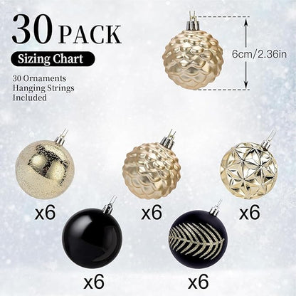 SHareconn 30ct 2.36 Inch Christmas Tree Balls Ornaments, Colored Shatterproof Plastic Decorative Baubles Decorations for Xmas Tree Decor Holiday Party Wedding Decoration (Black & Gold, 60mm)