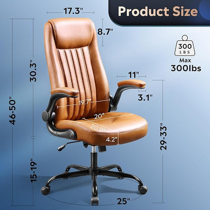 DEVAISE Executive Chair Computer Office Chair, High Back Ergonomic Desk Chair with Adjustable Flip-up Armrests, Lumbar Support and Thick Headrest, Brown