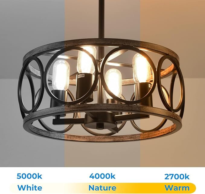 Light Fixtures Ceiling Mount,4-Lights Semi Flush Mount Ceiling Light Fixture,15.7" Black Dining Room Chandelier Rustic Drum Chandelier Pendant Light Fixture with Wood Grain Finish for Kitchen