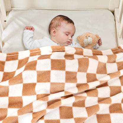 Checkered Baby Blanket Fleece Baby Blankets Neutral for Boys Girls, Super Soft Warm Lightweight Infant Toddler Newborn Receiving Blankets for Crib Stroller, 30''x40'', Khaki
