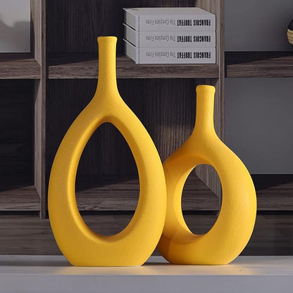 Yellow Ceramic Vase Set 2,Modern Hollow Circle with Hole Flower Vase for Home Decor,for Table Centerpieces,Farmhouse,Fire Place,Living Room,Bedroom,Office,Bookshelf,Rustic Decor