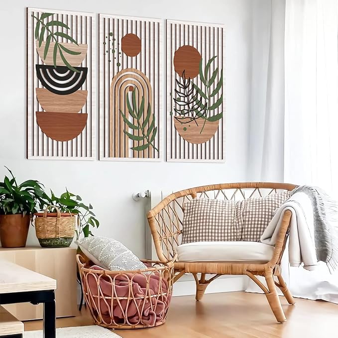 IARTTOP Large Boho Wood Wall Art Abstract Mid Century Wall Art Geometric Boho Wall Decor for Living Room Bedroom Office 16x32 Inch Set Of 3