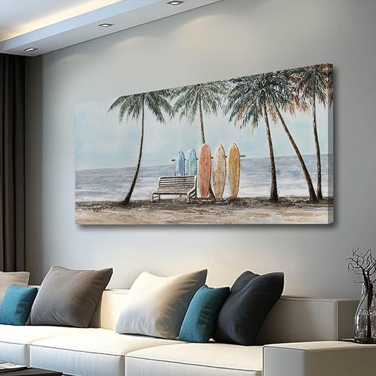 GAIDUOMAI Scenery Canvas Wall Decor Seaside Art Coconut Palm Picture for Bedroom Colorful Surfboard Poster for Dining Room Hallway Decor 29"x58"