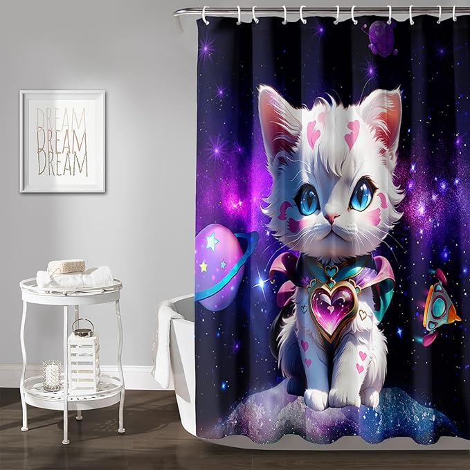 AILONEN Cartoon Cat Shower Curtain Set for Kids Boys Girls, Kawaii Love Kitten Shower Curtain for Bathroom,Galaxy Planet Washable Fabric Shower Curtain with Hooks,72" W*84" H