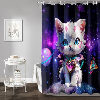 AILONEN Cartoon Cat Shower Curtain Set for Kids Boys Girls, Kawaii Love Kitten Shower Curtain for Bathroom,Galaxy Planet Washable Fabric Shower Curtain with Hooks,72" W*78" H