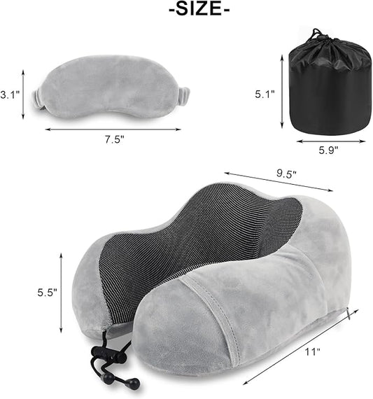 Pure Memory Foam Travel Pillow Set for Adults - Comfortable & Breathable Removable Cover, Airplane Travel Kit with Eye Mask & Portable Storage Bags for Plane Accessories - Grey