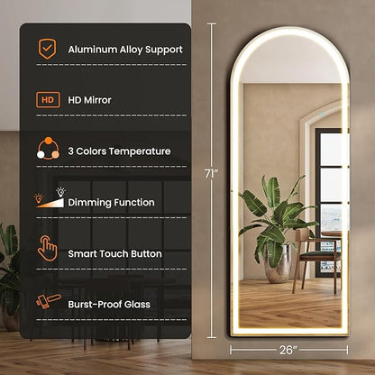 Sweetcrispy 71"x26" Arched Mirror Full Length with LED Lights and Stand, Lighted Full Body Wall Mounted Mirror for Bedroom, Living Room, White