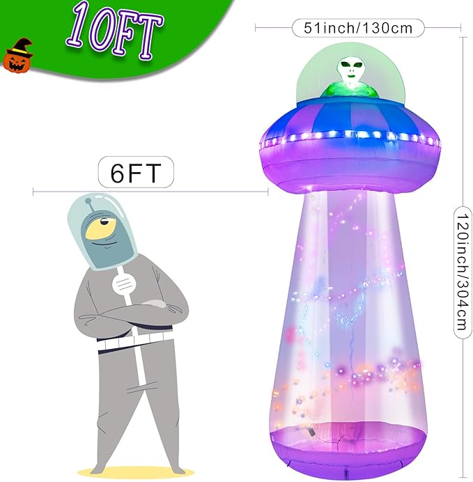 OurWarm 10 FT Halloween Inflatables Outdoor Decorations, Alien Blow Up Yard Decorations with LED Lights, UFO Inflatable Halloween Decorations for Outdoor Holiday Party Garden Lawn Decor