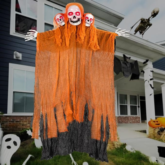 Halloween Decorations Outdoor and Indoor,Halloween Hanging Ghosts,Scary Grim Reaper Skeleton with Light-Up Eyes and Creepy Sound,Scary Party Decorations for Yard,Lawn,Haunted House Decor