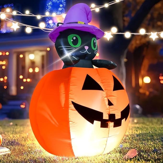 4FT Halloween Inflatable Decor Lifting Cat Pumpkins with LED Lights Indoor Outdoor Blow Up Decoration Halloween Party Holiday Decoration