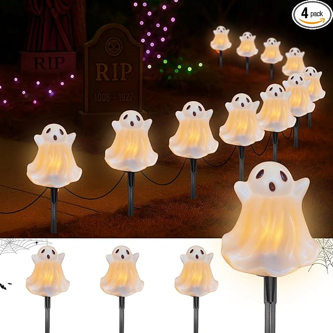 Halloween Pathway Lights Outdoor Decorations, 4PCS 3D Light-Up Ghost Garden Stake Lights, Waterproof Outdoor Lights for Yard, Lawn, Driveway, Halloween Decor